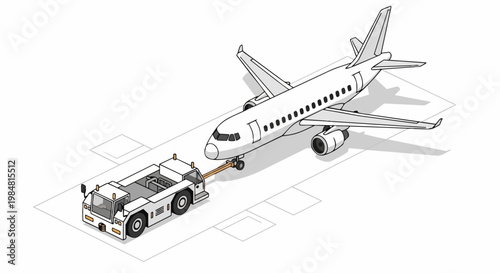 Isometric Illustration of Airport Tug Towing Commercial Airplane on Tarmac