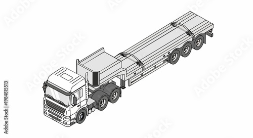 Isometric Semi Truck with Lowboy Flatbed Trailer Line Art Illustration for Heavy Duty Logistics and Transportation Industrial Design