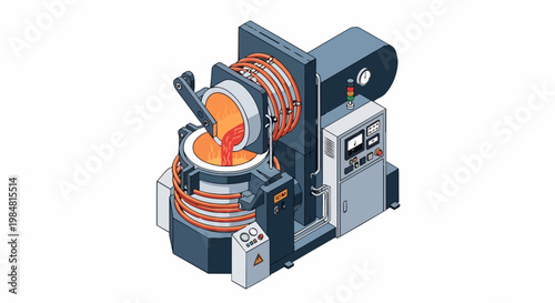 Isometric Industrial Induction Furnace for Metal Melting and Casting Foundry Illustration