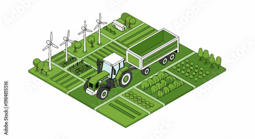 Isometric Smart Farm Illustration with Green Tractor, Wind Turbines, and Sustainable Agriculture Fields