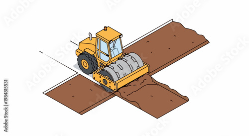 Isometric Yellow Road Roller Compacting Soil on Construction Site Vector Illustration for Infrastructure and Civil Engineering Projects