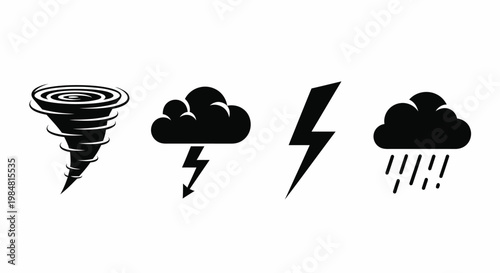 Severe Weather Icon Set - Tornado Thunderstorm Lightning Bolt Rain Cloud Black Silhouette Vector
