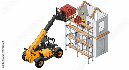 Isometric Illustration of a Telehandler Lifting Bricks to a House Under Construction with Worker on Scaffolding