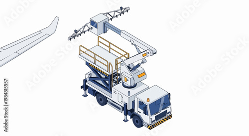 Isometric Illustration of Airport De-icing Truck Preparing Airplane Wing for Winter Flight, Ground Support Equipment Vector