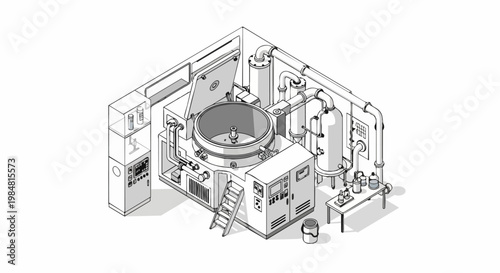 Isometric Line Art Illustration of an Industrial Bioreactor and Chemical Processing Machine with Control Panels and Piping Systems
