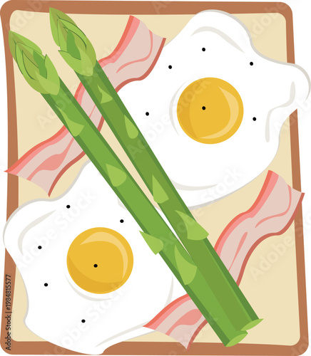 Asparagus with Eggs, Bacon and Toast Vector Illustration – Healthy Breakfast or Brunch Meal Plate, Green Asparagus Spears with Fried Eggs and Bacon on transparent background