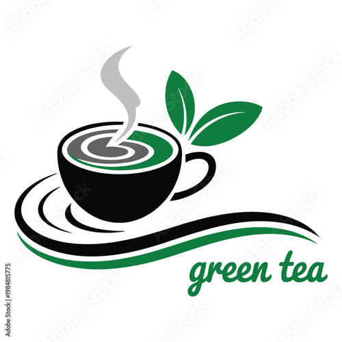 A stylish illustration of a green tea cup with a steamy aroma and leafy design