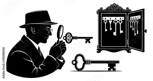 Detective examining a key with a magnifying glass next to an antique key cabinet silhouette