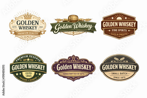Golden whiskey labels collection vintage design, creating premium craft liquor branding for alcoholic beverages
