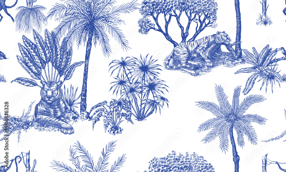 Obraz premium Toile de Jouy seamless pattern with tigers and monkeys. plants palms in tropical forest. Exotic trees and bushes perfect for textile and wallpaper, hand drawn luxury drawing