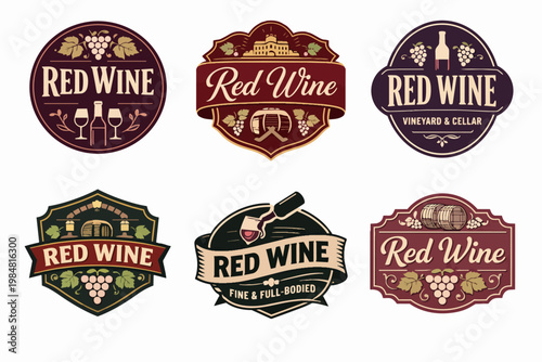 Vintage red wine labels set with grapes, bottles, barrels, and vineyard winery symbols for alcoholic beverage branding