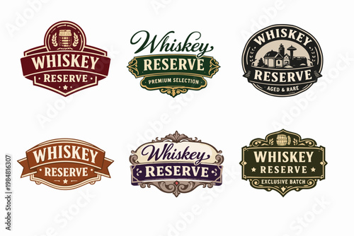 Whiskey reserve branding elements showing different badge designs, perfect for vintage alcohol labels and premium beverage packaging