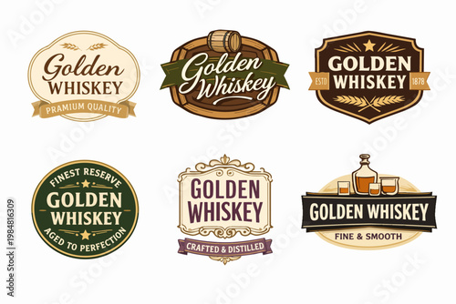 Golden whiskey labels collection showcasing a variety of vintage and retro brand logos for premium quality alcoholic beverages