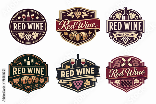 Red wine labels collection presenting vintage winery logos with grapes, barrels, bottles, and glasses