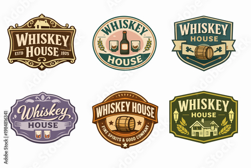 Whiskey house logos and badges set, a collection of vintage retro style labels for distillery, bar, or spirits branding
