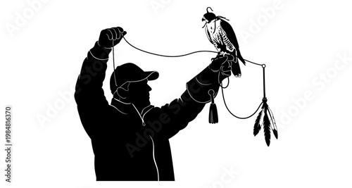Falconer holding bird of prey during training against white background silhouette
