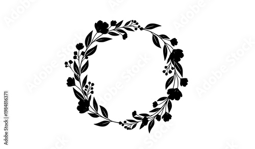 Minimal botanical silhouette wreath vector with feminine floral branches and elegant leaves for wedding design