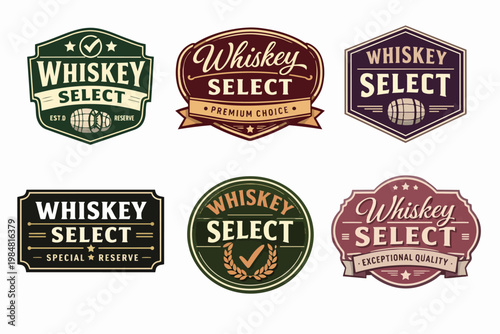 Whiskey select branding badges set, vintage emblems for alcohol distillery, label design with barrel and stars
