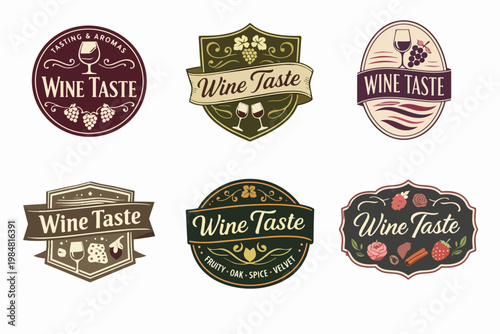 Collection of vintage-style wine taste logos featuring grapes, wine glasses, and decorative elements for winery branding