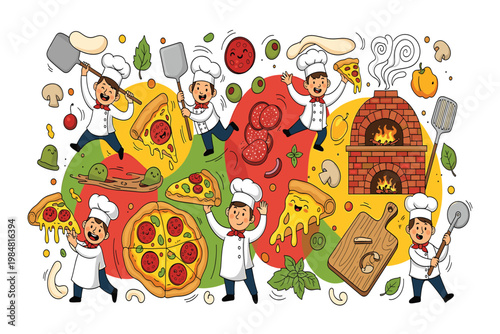 pizza party with chefs and bakers celebrating flat design vector illustration.