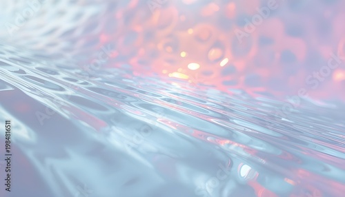 A close-up view of a shimmering, iridescent surface with a honeycomb pattern and soft, pastel colors.