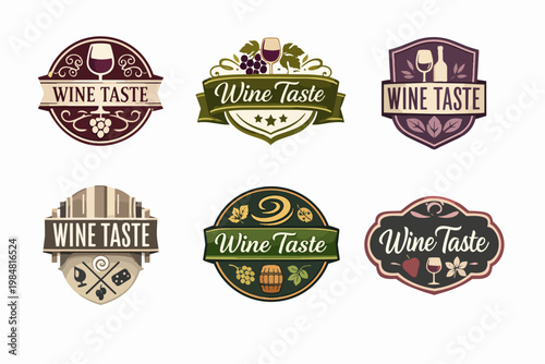 Collection of six decorative wine taste logos, featuring elements like grapevines, leaves, bottles, and a wooden barrel