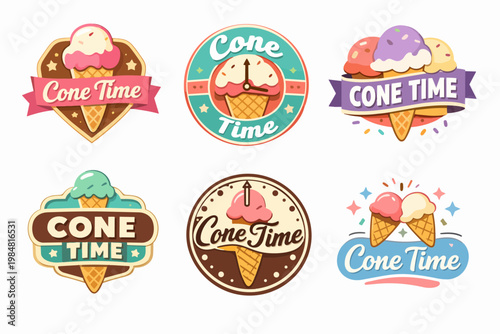 Ice cream cone time logos set with delicious dessert scoops, vintage labels creating sweet food concept