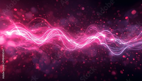 A vibrant pink and purple neon light wave flows across a dark background with sparkling particles