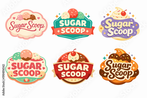 Ice cream parlor branding collection offering various sweet shop emblems and dessert company labels with scoop concepts