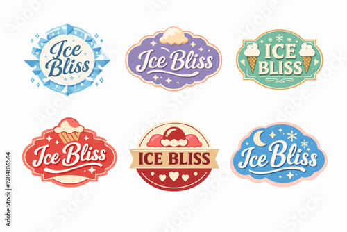 Collection of ice bliss logos, illustrating various flavors and styles for ice cream, frozen yogurt, and confectionery branding