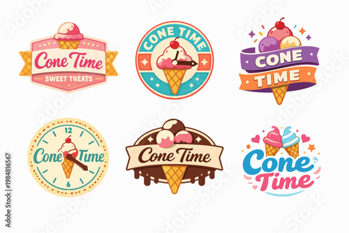 Cone time ice cream logos with various designs, sweet dessert emblems, offering a refreshing vintage treat concept