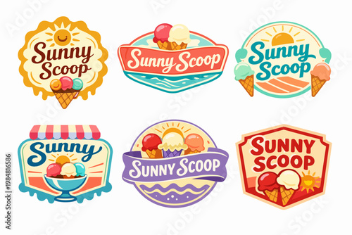 Collection of ice cream parlor shop logos for branding, featuring scoops, cones, and sunshine designs