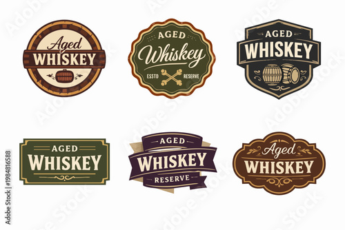 Vintage aged whiskey labels collection with retro design elements for bourbon, scotch, and reserve spirits branding
