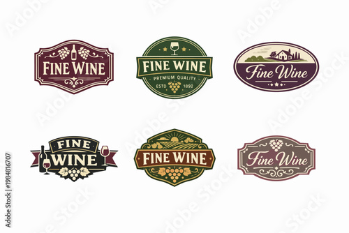 Collection of vintage fine wine label designs with grapes, bottles, glasses, and vineyard elements