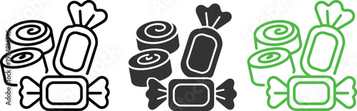 Assorted stylized candy wrappers in black and green outline designs