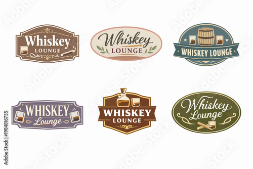 Set of six vintage whiskey lounge logos with retro-inspired design elements, ideal for use in distilleries, pubs, and bars