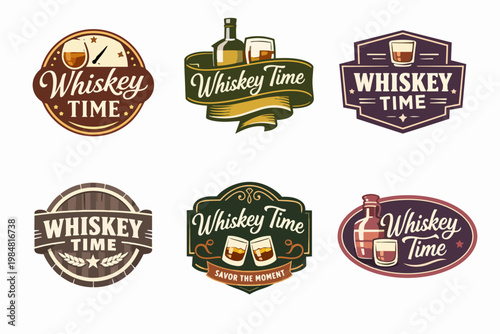 Whiskey time logos collection depicting bottles, glasses, and labels for beverage, bar, pub, or liquor branding