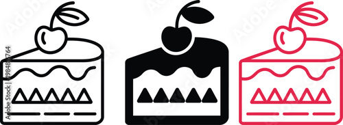 Three stylized illustrations of cakes with cherry toppings in different line styles