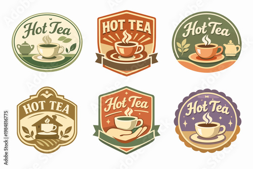 Collection of vintage hot tea badges and labels, different designs depicting steaming cups and tea leaves