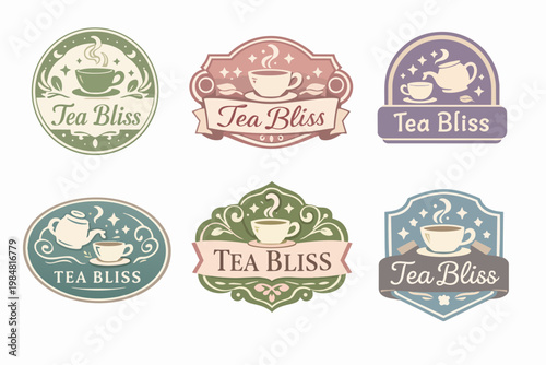 Tea bliss branding labels set, designing vintage style badges for beverage products and elegant packaging