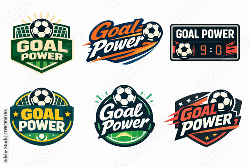 Goal power soccer logos collection illustrating football sports emblems, club badges, and team symbols