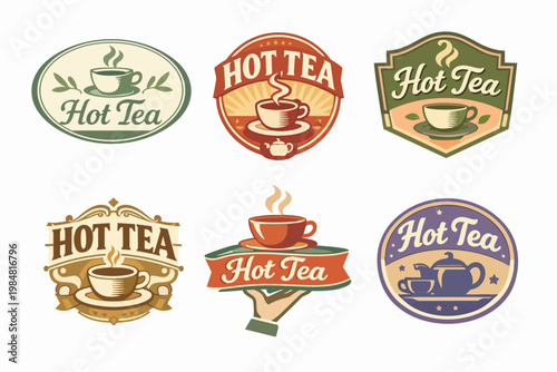 Vintage hot tea badges and labels featuring steaming cups, teapots, and ornate frames, creating a classic branding set
