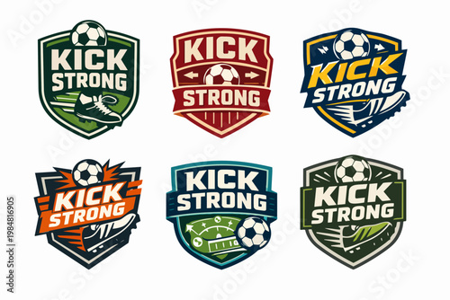 Soccer sport emblems collection featuring footballs, cleats, and kick strong text for team branding and athletic gear