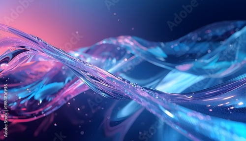 A vibrant abstract image of wavy transparent glass or plastic with a pink and blue gradient background