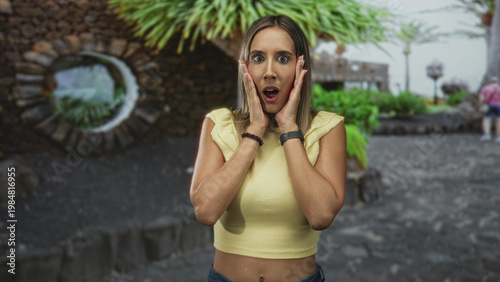 Foto Woman with hands on cheeks on street near stone wall and tropical plants wearing yellow crop top and visible navel piercing; surprise discovery