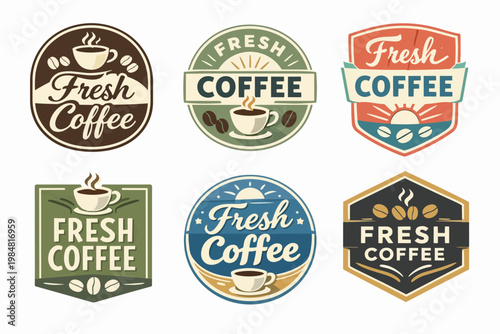 Fresh coffee shop emblems, vintage cafe logos, retro badges featuring hot cups and roasted beans for breakfast products