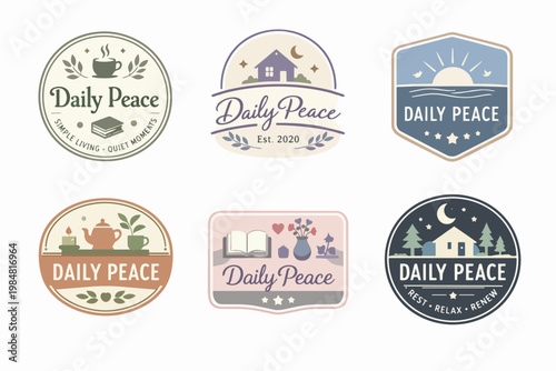 Collection of daily peace logos showing concepts of simple living, quiet moments, rest, relax, and renew