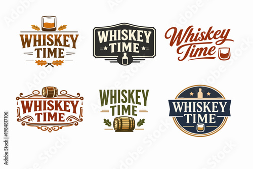 Whiskey time branding logos collection, vintage alcohol badges, retro craft beverage label design set