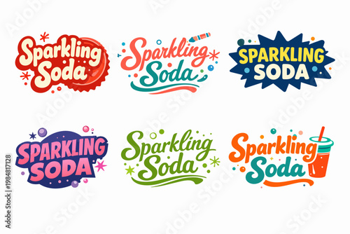 Sparkling soda logo designs set celebrating beverage typography, vibrant colors, and refreshing carbonated drink brands