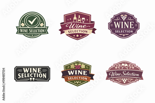 Collection of wine selection quality badges and emblems for tasting events, labels, vineyards, or winery branding